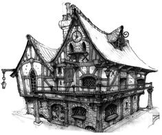 a drawing of a house with a clock on the front and side of it's roof