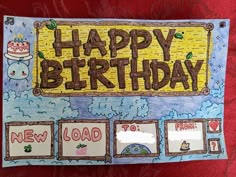 a happy birthday card with pictures and words written on it, in front of a red background