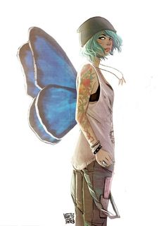 a drawing of a woman with a blue butterfly on her shoulder and arm, standing in front of a white background