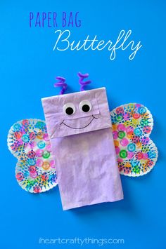 paper bag butterfly craft for kids on a blue background with the words, paper bag butterfly