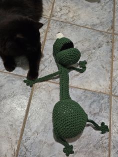 a green crocheted dinosaur toy laying on the floor next to a black cat