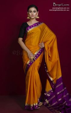 Mysore Crepe Pure Silk Saree in Deep Saffron, Imperial Purple and Brush Gold Indian Wedding Inspiration