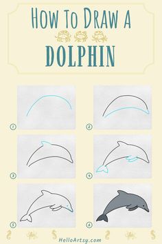 Step by step images demonstrating a How to Draw a Dolphin - A Drawing Lesson for Children! Dolphin Drawing Step By Step, How To Draw A Dolphin Easy, Dolphin Painting Acrylic Easy, How To Draw A Dolphin Step By Step, Dolphin Art For Kids, Ocean Animal Drawings Easy, How To Draw A Dolphin, Dolphin Drawing Simple