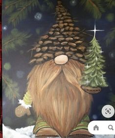 a painting of a gnome with pine cones on his head