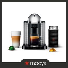 a coffee maker with two cups next to it and the words macy's on top