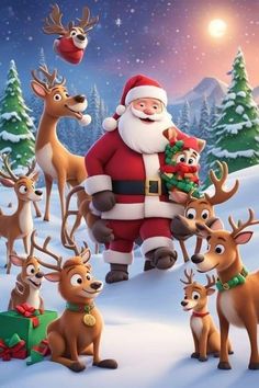 santa claus is surrounded by reindeers in the snow with presents on his chest and nose