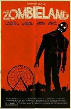 a movie poster for the film zombieland with a man standing in front of a ferris wheel