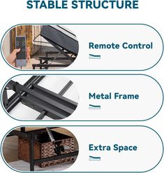 three different types of tables and chairs that are labeled in the following words, including metal frame, extra space, table structure, remote control