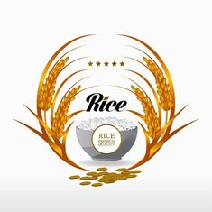 rice in a bowl surrounded by wheat stalks and five stars on the side with text rice price