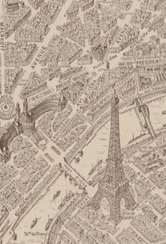 an old drawing of the eiffel tower in paris, with lots of buildings and streets