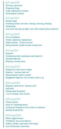 16 types and stress  ~  This is interesting, and so right. I'm an ENFP and when I'm stressed this is exactly what I do. Intj 1w9, Entp Personality, Mbti Charts, Briggs Personality Test, Enfp Personality