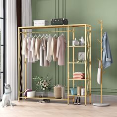 PRICES MAY VARY. Large wardrobe rack: Are you ready to find a nice new home for your clothes family? Yes, you do, cuz we confident you will love this gold clothing rack. This rack of clothes with 4 layers for organizing your bags, toys.the metal rail for hanging your beloved clothes and the bottom shelf is perfect for your shoes, bins. You also can put some decor on the upper shelf. The metal clothes rack is good home for your clothing family living. Sweet on details: All clothes rack of TIEOU i Clothing Display Rack, Industrial Clothing Rack, Standing Clothes Rack, Industrial Clothing, Rolling Clothes Rack, Metal Coat Hangers, Hall Tree With Storage, Gold Clothing, Free Standing Closet