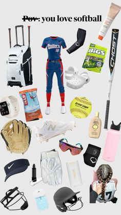 a collage of various sports items including baseball gloves, sunglasses, and other things