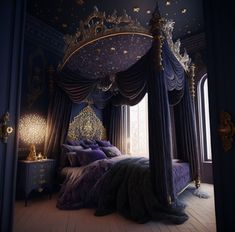 an elaborate canopy bed in a bedroom with blue walls and purple drapes on the ceiling