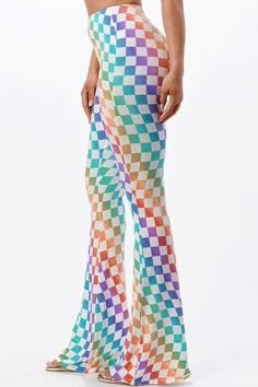 Multi Color Checkerboard Print Flare Pants Wavy Checkerboard Design Elastic Waistband No Pockets Approx. 34" Inseam 95% Polyester, 5% Spandex Pairs w/ Fruit Loops Multi Color Checker Board Print Bodysuit Sizing Recommendations: Small 2/4/6 Medium 6/8/10 Large 10/12/14 80s Themed Outfits, Colourful Pants, Wavy Checkerboard, Print Flare Pants, Stacked Pants, Neon Sneakers, Checked Pants, Colorful Clothing, Fantasy Fest