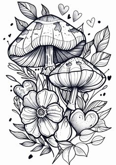 an ink drawing of mushrooms and flowers