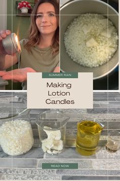 a woman is making lotion candles in her kitchen with the words, making lotion candles