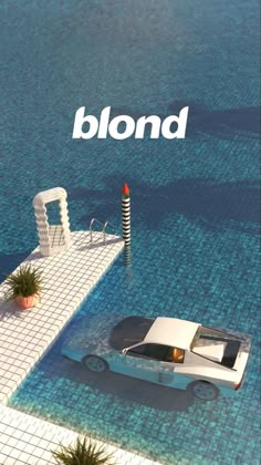 a white car parked on top of a swimming pool next to a building with the word blond written above it