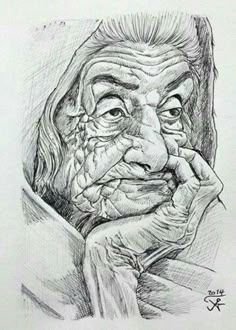 a pencil drawing of an old man with his hand on his chin and looking at the camera