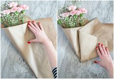 two pictures of someone wrapping flowers in a brown paper bag with red fingernails and nail polish