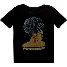 Brown Sugar The design is created with bright rhinestones in traditional African colors. This lower neckline, t-shirt style top offers a comfort feel and comes in three Women's sizes : Petite (S-M), One Size (L-XL), Plus (2XL-3XL) Colors : Black or White   *All Bling Designs Can Be Added To Cotton T-shirt, Stretch Shirt Or Stretch Top ➡️95% Polyester 5% Spandex ➡️Preshrunk laundered fabric to reduce shrinkage  ➡️Double-stitched sleeve and bottom hem ➡️Imported; processed and printed in the U.S.A Embellished Graphic Tee With Short Sleeves, Rhinestone Graphic Tee With Crew Neck, Trendy Black Tops With Rhinestone Fringe, Black Crew Neck T-shirt With Rhinestones, Trendy Short Sleeve Top With Rhinestones, Graphic Tee With Rhinestones And Crew Neck, Gold Short Sleeve Top With Glitter Print, Gold Short Sleeve Tops With Glitter Print, Casual Crew Neck T-shirt With Rhinestones