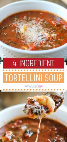 tortellini soup in a white bowl with a ladle full of the soup