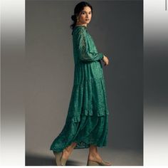 Luxurious Emerald Color That Makes An Elegant Statement. Versatile To Dress Up With Jewelry Pieces And Heels For Festive Occasions Or With A Vest And Wedges For A Day Out With The Girls. Super Comfortable Fabric And Easy To Wear Style That Transitions Seamlessly From Day To Night! Chic Green Lace Midi Dress, Fall Season Flowy Lace Dress, Fall Lace Maxi Dress, Fall Lace Midi Dress, Lace Midi Length Maxi Dress For Fall, Downtown Dress, Green Lace Maxi Dress, Anthropologie Maxi Dress, Print Chiffon Maxi Dress