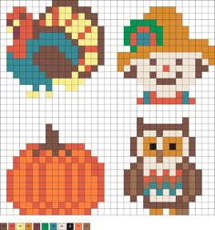 an image of cross stitch pumpkins and owls on the same pattern as each other