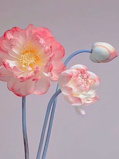 two pink and white flowers in a blue vase on a table with a gray background