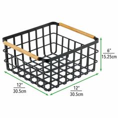 a black basket with wooden handles and measurements