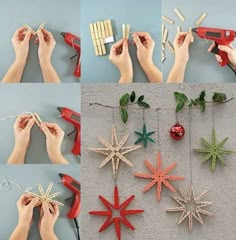 four pictures showing how to make christmas decorations with popsicle sticks, glue, and starbursts