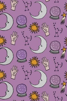 a purple background with many different symbols and stars on the moon, hands reaching out to touch each other