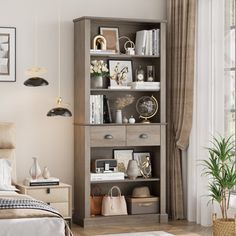 a bed room with a neatly made bed and a book shelf