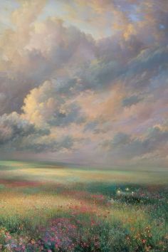 a painting of clouds over a field with flowers