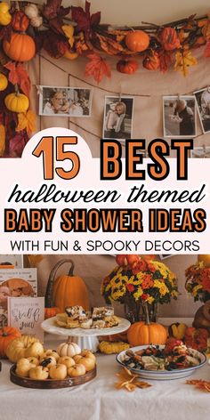 a table filled with baby shower items and pictures on the wall above it are pumpkins,