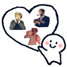 a heart shaped speech bubble with two men and a woman talking on the phone in front of them