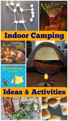 there are many different pictures with words about camping and activities for kids to play in