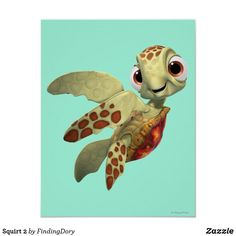 a cartoon turtle with big eyes flying through the air on a blue sky background poster