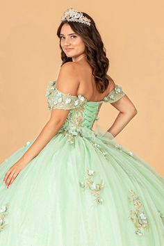 Sage Long Off Shoulder Ball Gown Quinceanera Dress for $959.99 – The Dress Outlet Corset Closure, Off Shoulder Ball Gown, 15 Birthday, Champagne Dress, Kids Party Dresses, Beads Embroidery, Dress Guide, Quinceanera Dress, Sage Color