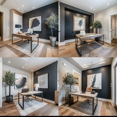 three pictures of a living room with black walls and wood floors