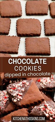 chocolate cookies dipped in chocolate and sprinkled with candy canes