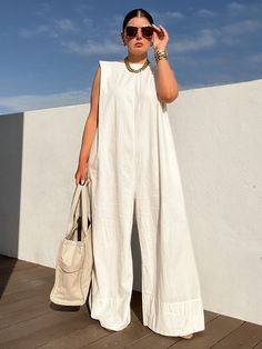 Sleeveless Wide Leg Shoulder Pad Solid Color Jumpsuits BLACK-L Wide Leg Jumpsuits, Solid Color Jumpsuits, Linen Style, White Jumpsuit, Looks Chic, Mode Inspiration, Wide Leg Jumpsuit, Black Jumpsuit, Look Fashion