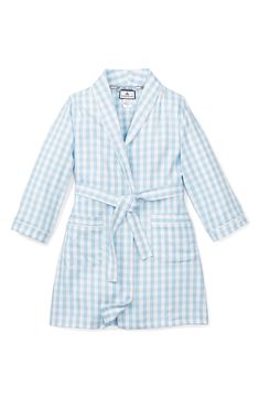 Give your little gent a lightweight layer for lazy mornings with this softly brushed cotton-blend woven robe patterned with cheery blue gingham. Its patch pockets, shawl collar and neat piping all make it cute and sophisticated. Style Name:Petite Plume Kids' Gingham Robe (Baby, Toddler, Little Kid & Big Kid). Style Number: 6255874. Light Blue Gingham, Kids Robes, Gingham Pattern, Blue Gingham, Gingham Print, Janie And Jack, Petite Outfits, Brushed Cotton, Sleepwear Women