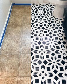 a bathroom with black and white tiles on the floor next to a toilet in it