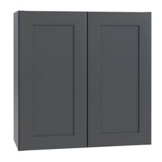 a gray cabinet with two doors on the front and one door open to reveal a white background