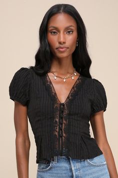 Easily Sophisticated Black Textured Lace Short Sleeve Top Elegant Short Sleeve Blouse For Date Night, Theatrical Romantic Style Casual, Black Lace Top, Black Puff Sleeve Smocked Top, Goth Outfits Casual, Short Sleeve Blouse Design, Sheer Top Outfit, Lace Shirt Outfit, Romantic Tops