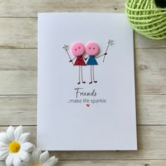 "Friends make life sparkle" how true is this saying? Send a little sparkle to someone you love with these cute sparkly button people. Made From: This card is hand drawn on white card stock by me, each card is unique and comes with a white envelope. Size:The card is A6 portrait (148mm x 105mm) The inside of this card is left blank for you to write your own message.