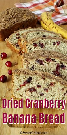 sliced cranberry banana bread on a cutting board