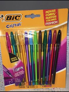 a package of different colored pens in it's display box with the words crista on