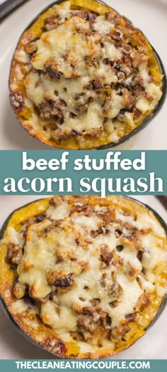 two images of stuffed acorn squash with beef and cheese in the bottom one has an eggplant sauce on top